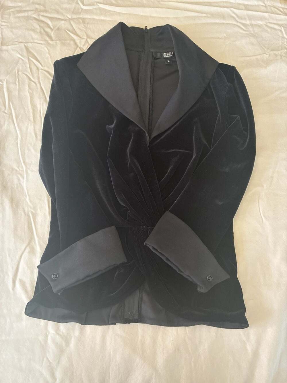 Tadashi Collection Black Velvet and Satin Twist Front Peplum Top Jacket Size M